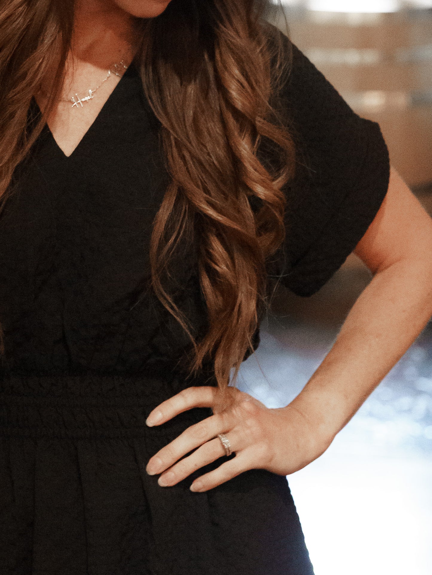 Textured Split Neck Smocked Waist Dress