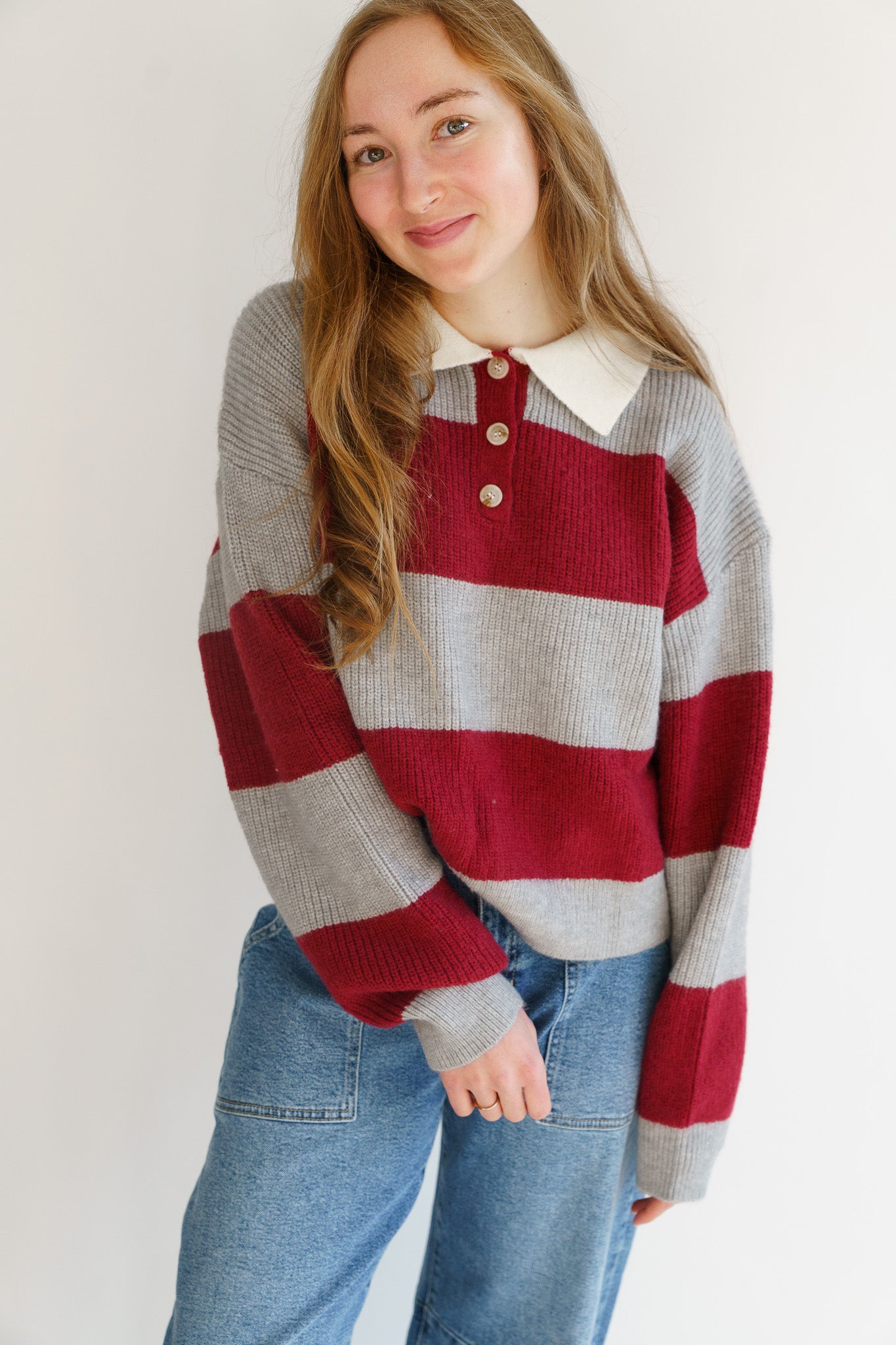 Buttoned Striped Collared Long Sleeve Top