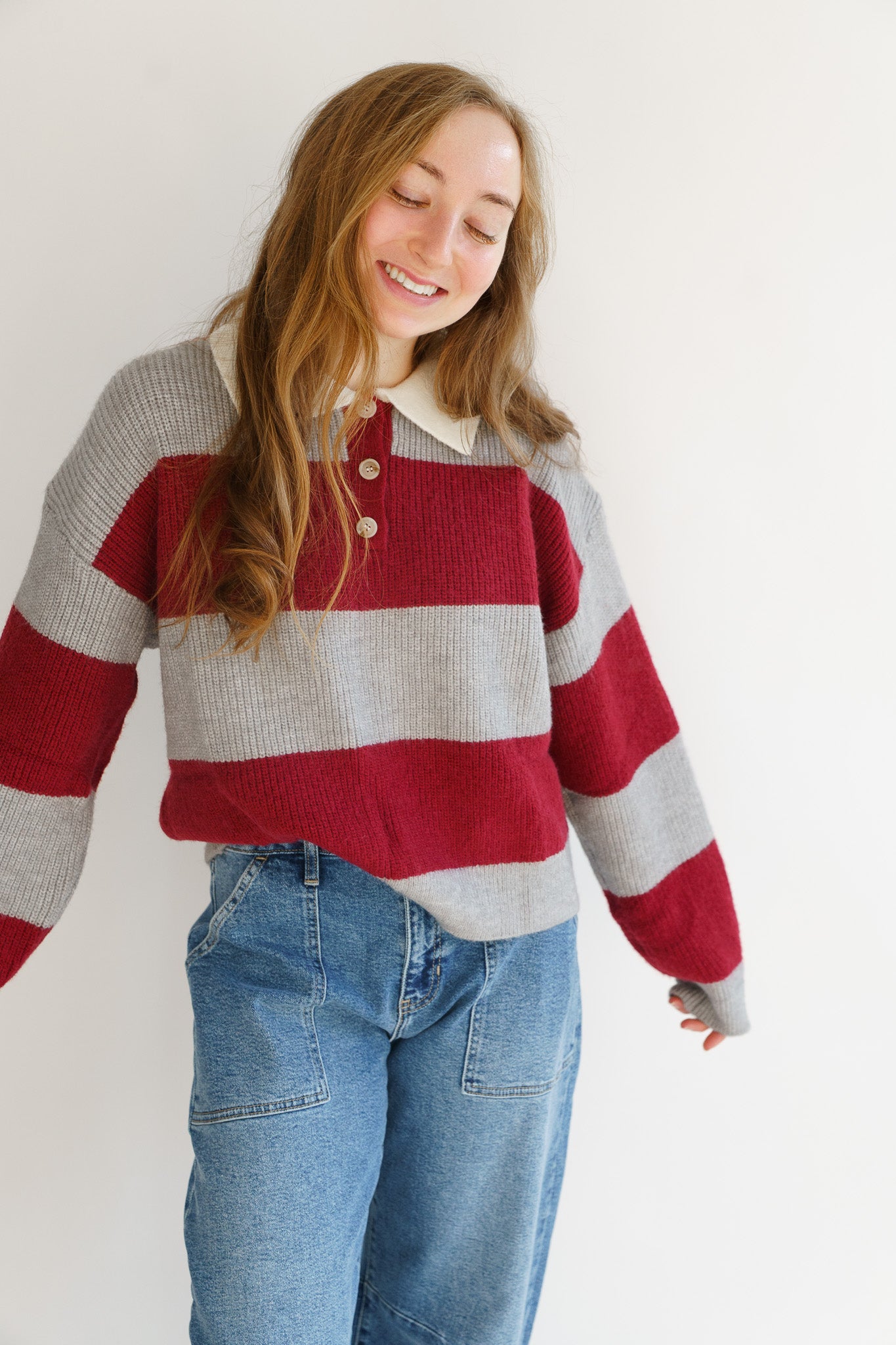 Buttoned Striped Collared Long Sleeve Top