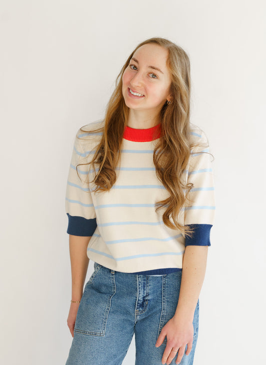 Colorblock Rib Trim Striped Knit Top
