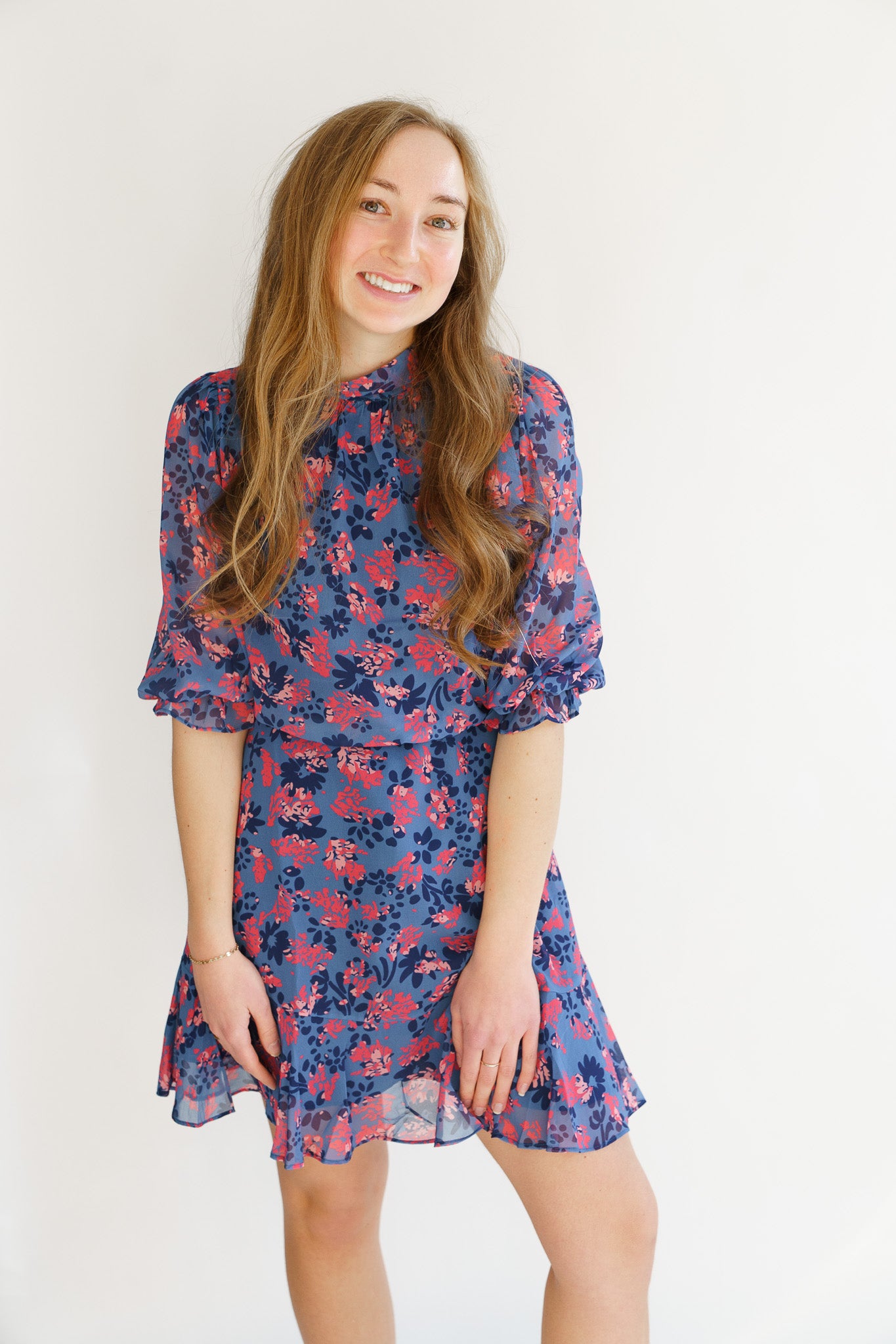Blue Flower Print Flutter Sleeve Dress