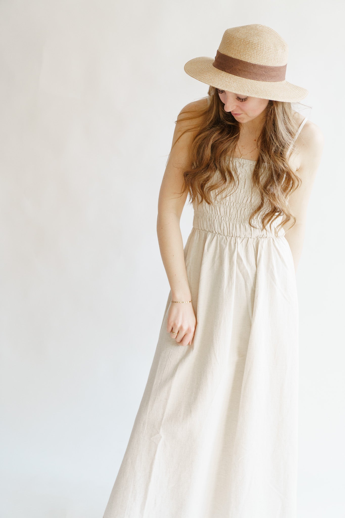 Classic Shirred Midi Dress- Oat