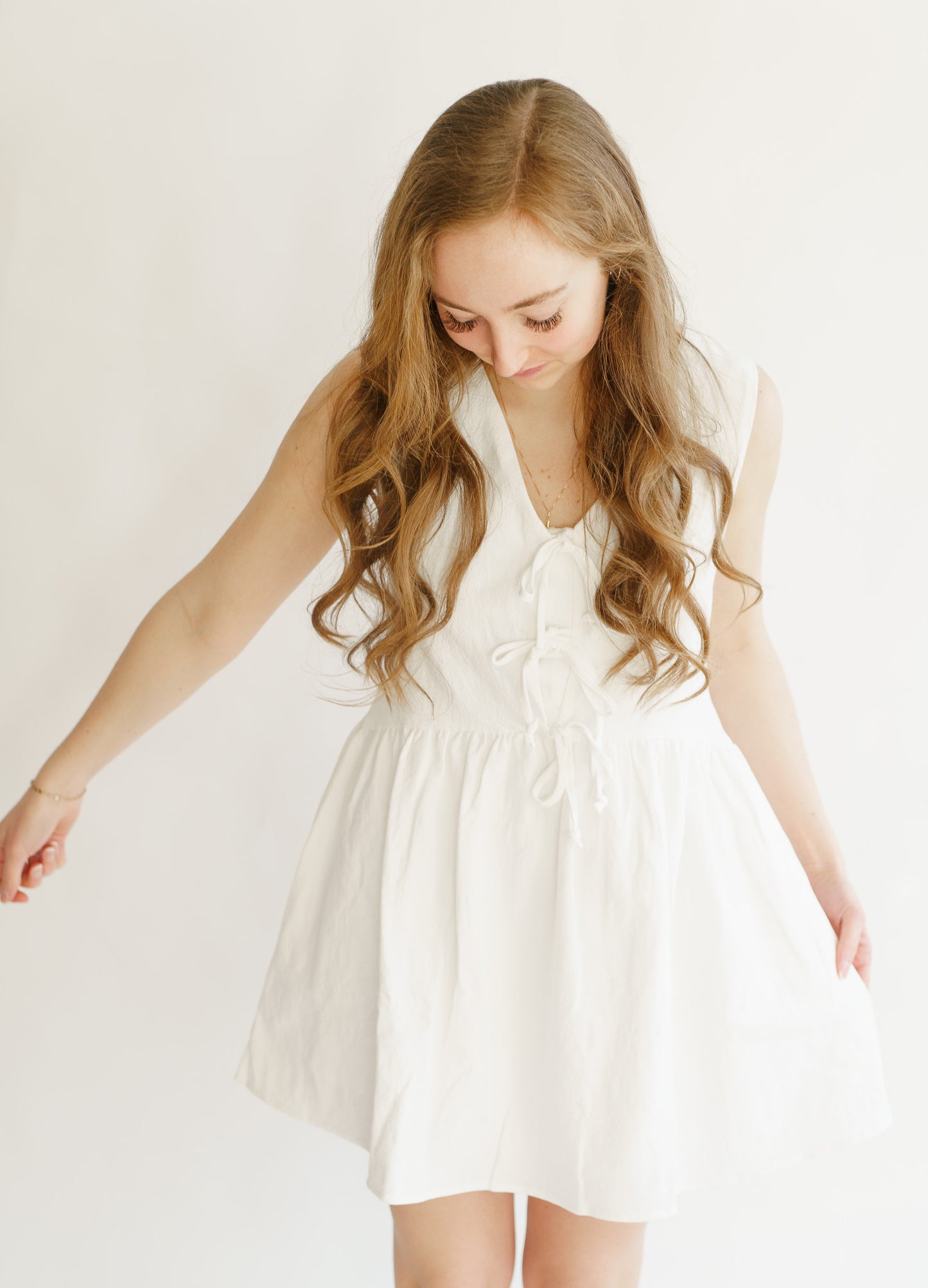 Tie Front Sleeveless Dress- White