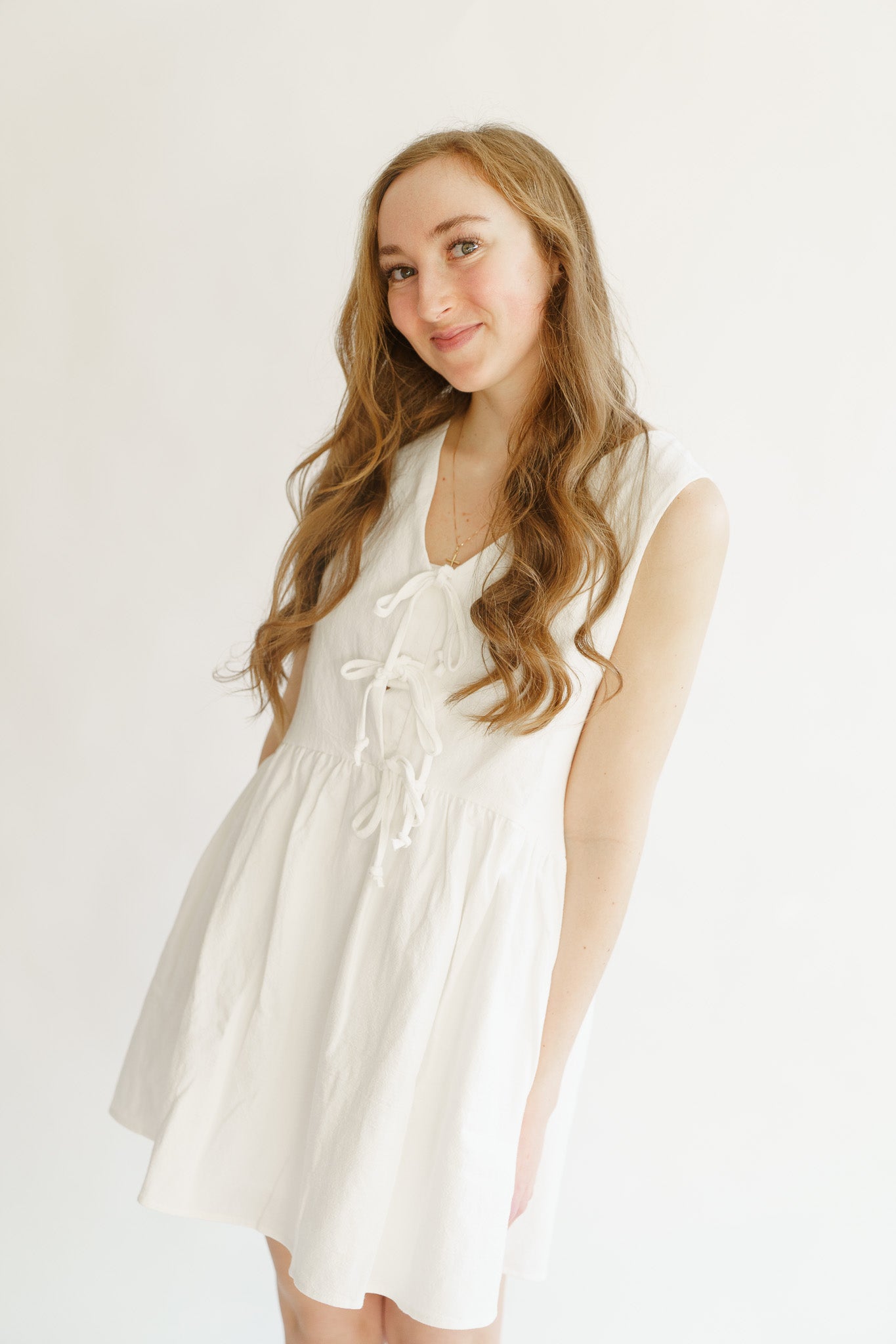 Tie Front Sleeveless Dress- White