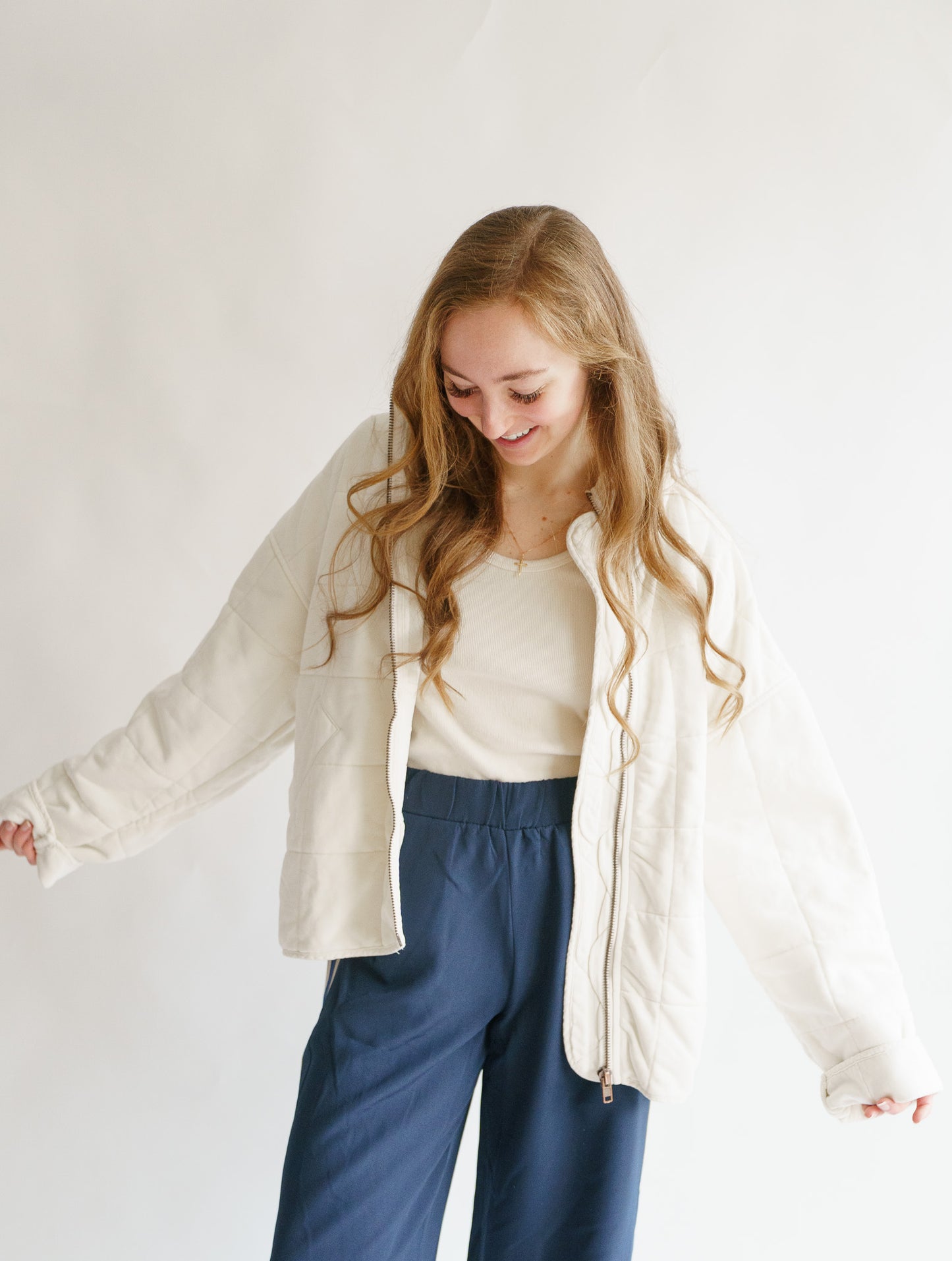 Quilted Knit Mineral Washed Jacket- Cream