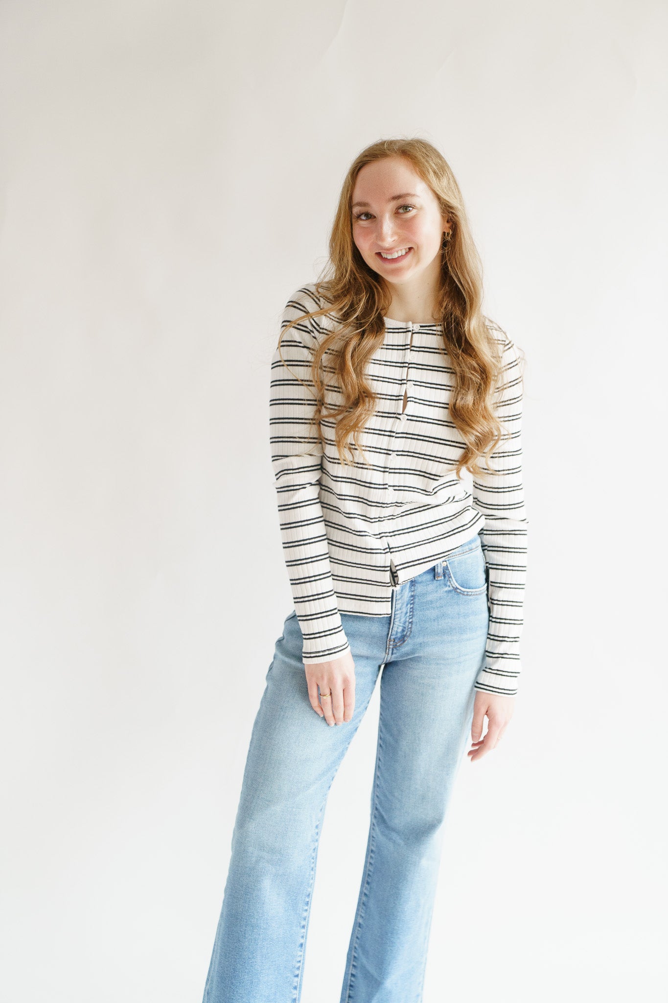 Button Front Ribbed Top Chalk/Black Stripe