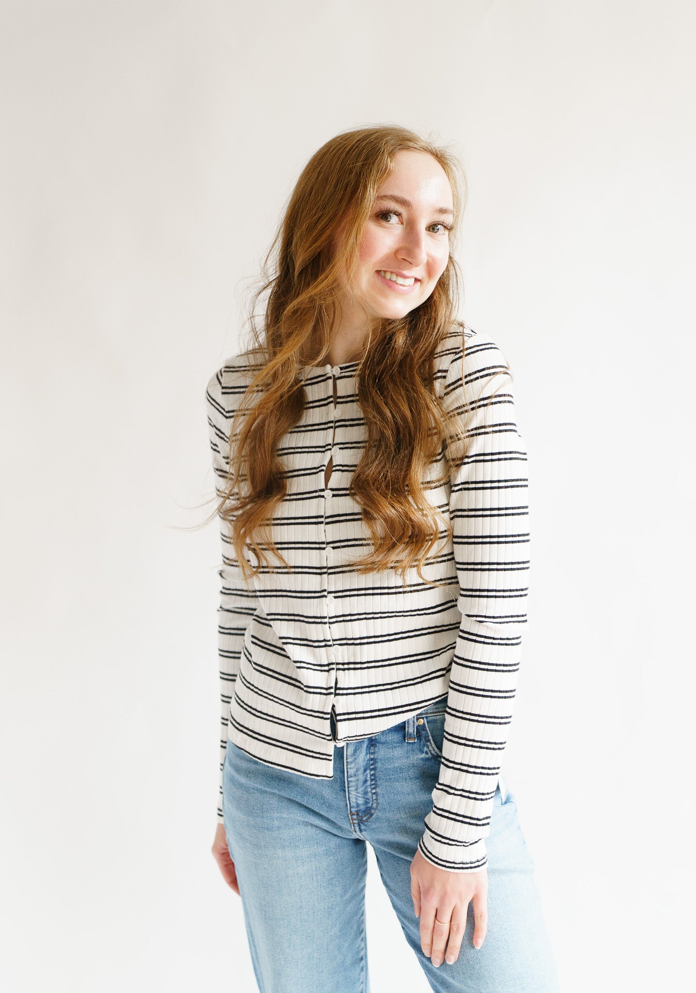 Button Front Ribbed Top Chalk/Black Stripe