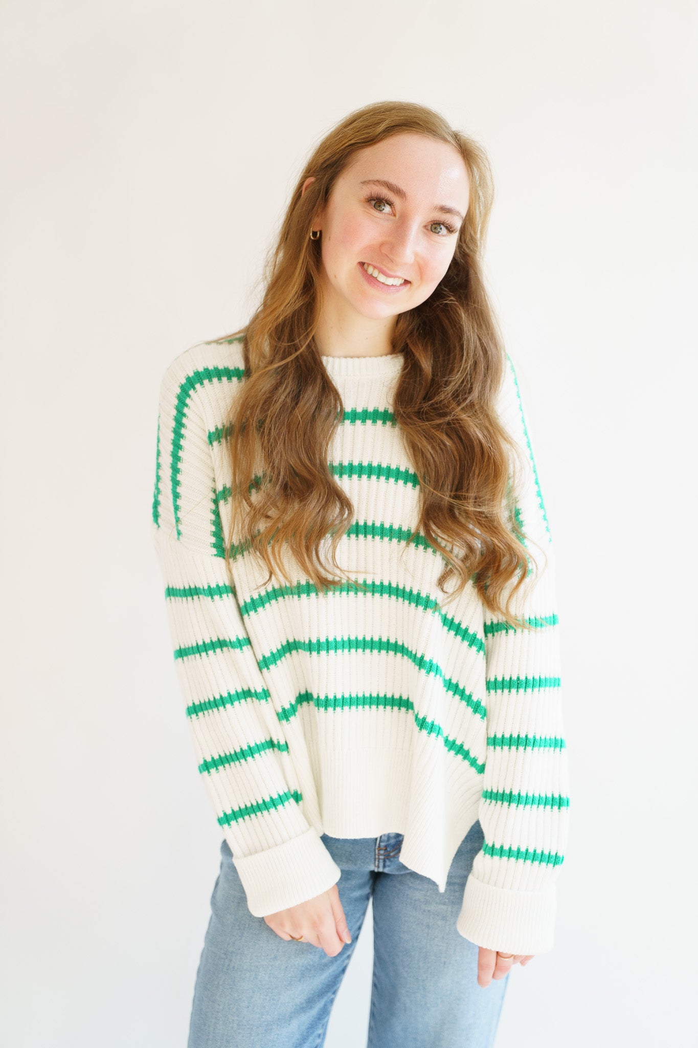 Boat Neck Striped Knit Sweater- Green