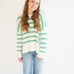 Boat Neck Striped Knit Sweater- Green