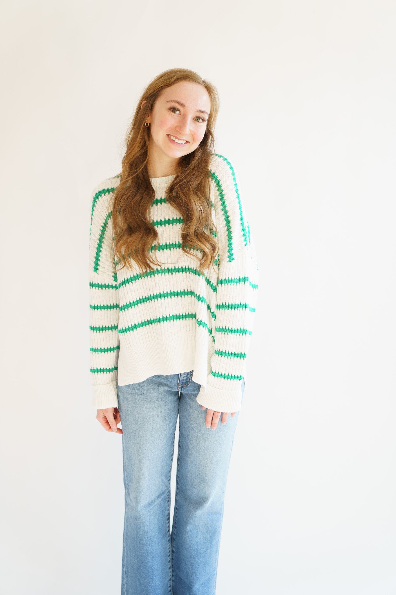 Boat Neck Striped Knit Sweater- Green