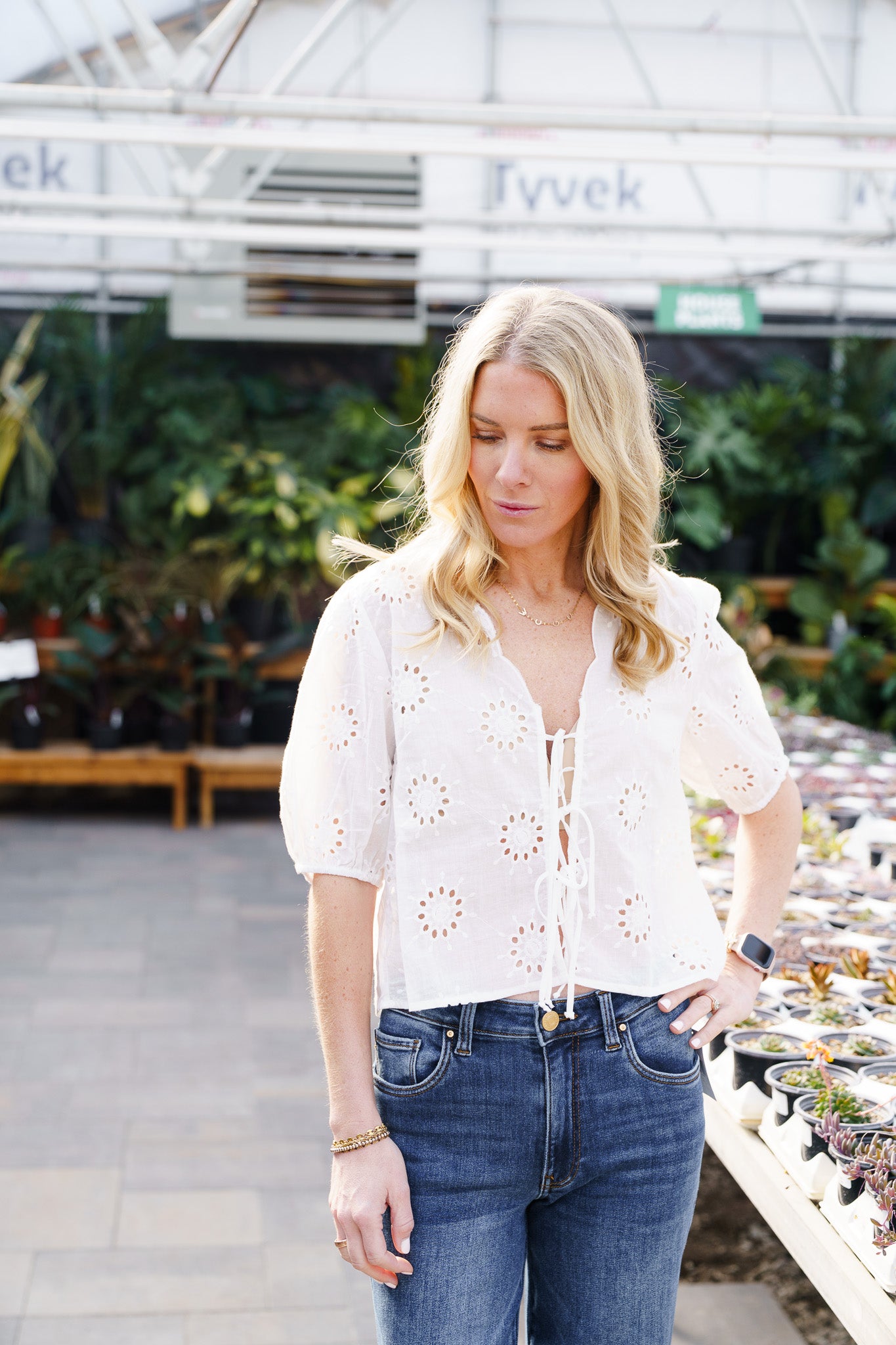 Eyelet V-Neck Tie Front Top