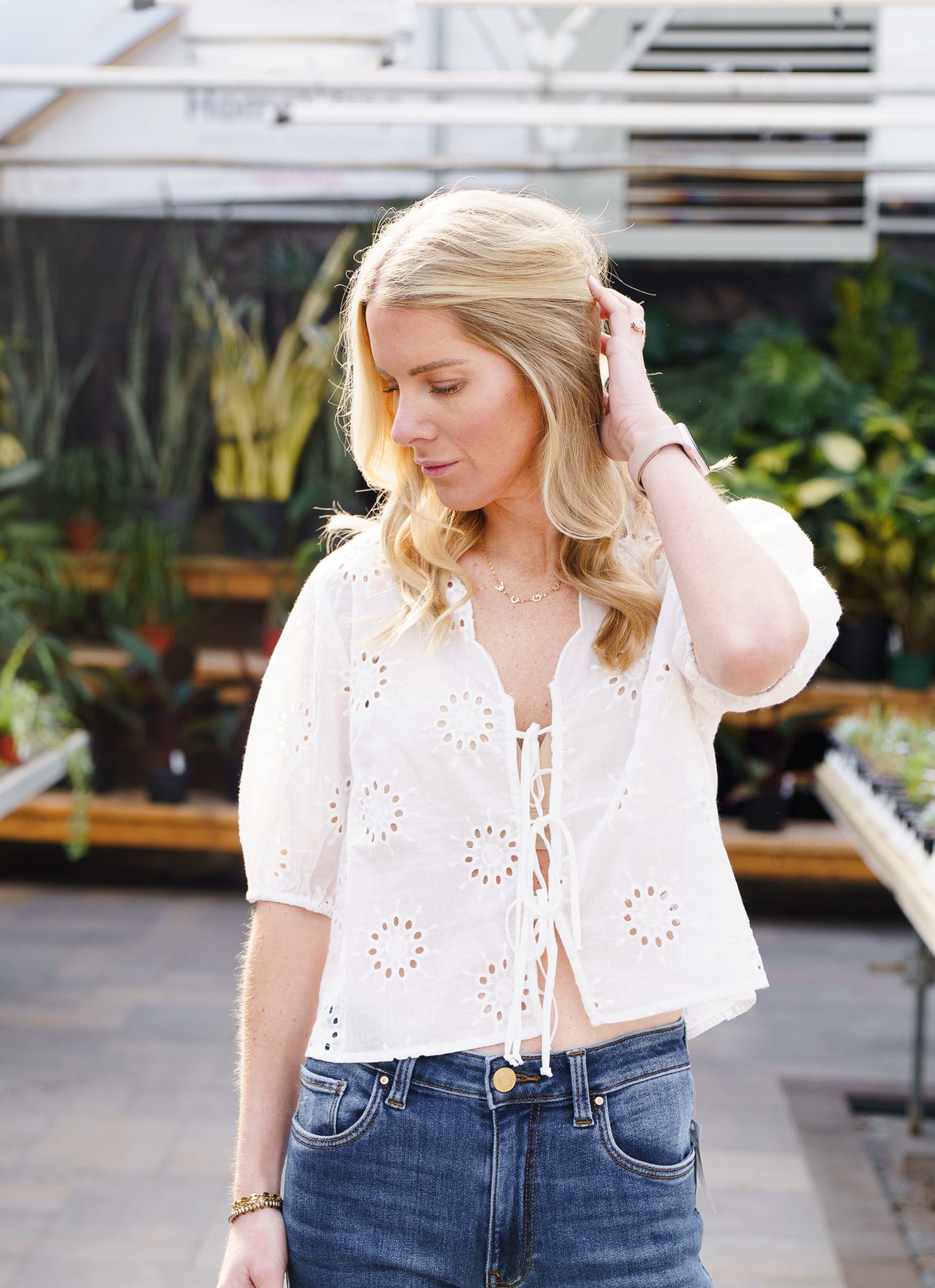 Eyelet V-Neck Tie Front Top