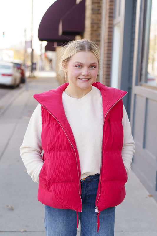 Lilah Cord Puffer Gilet- Pink Begonia