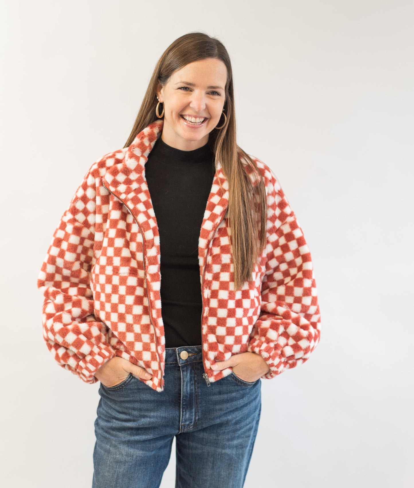Checker Teddy Fall Jacket- Rust