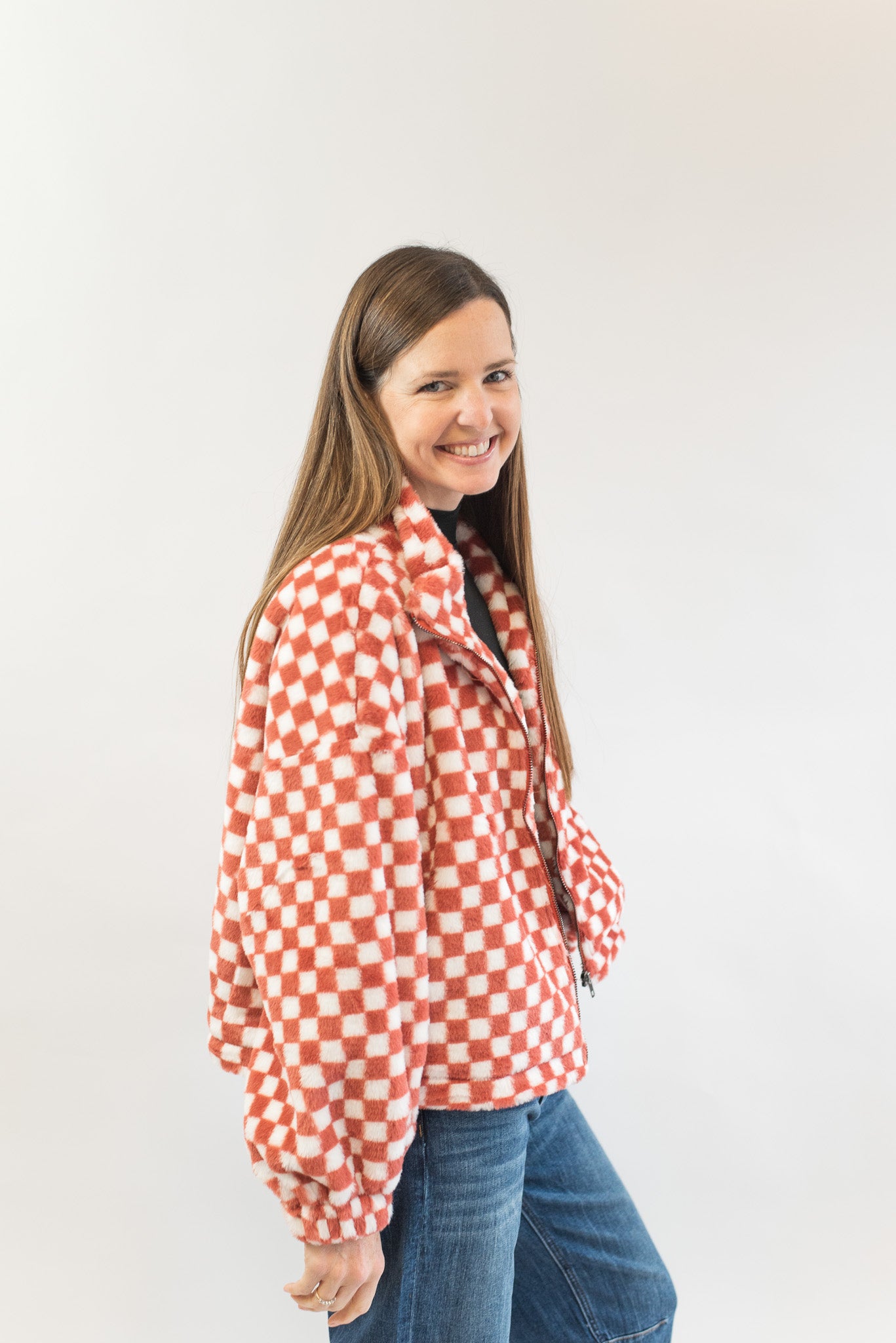 Checker Teddy Fall Jacket- Rust
