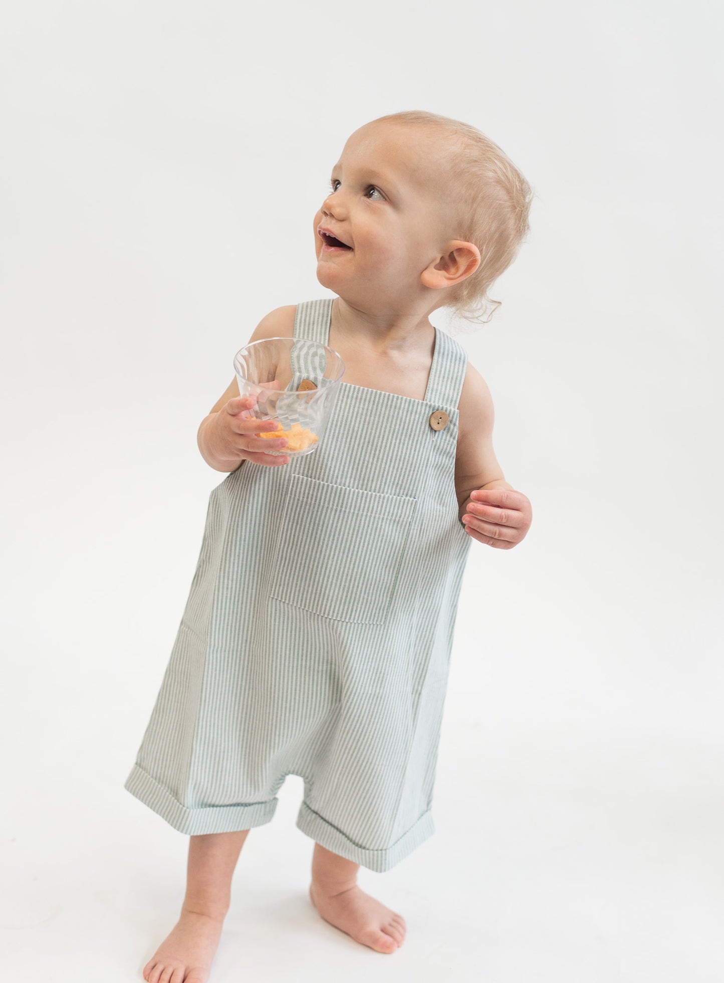 Green Stripe Short Linen Overalls