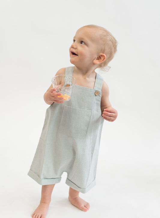Green Stripe Short Linen Overalls