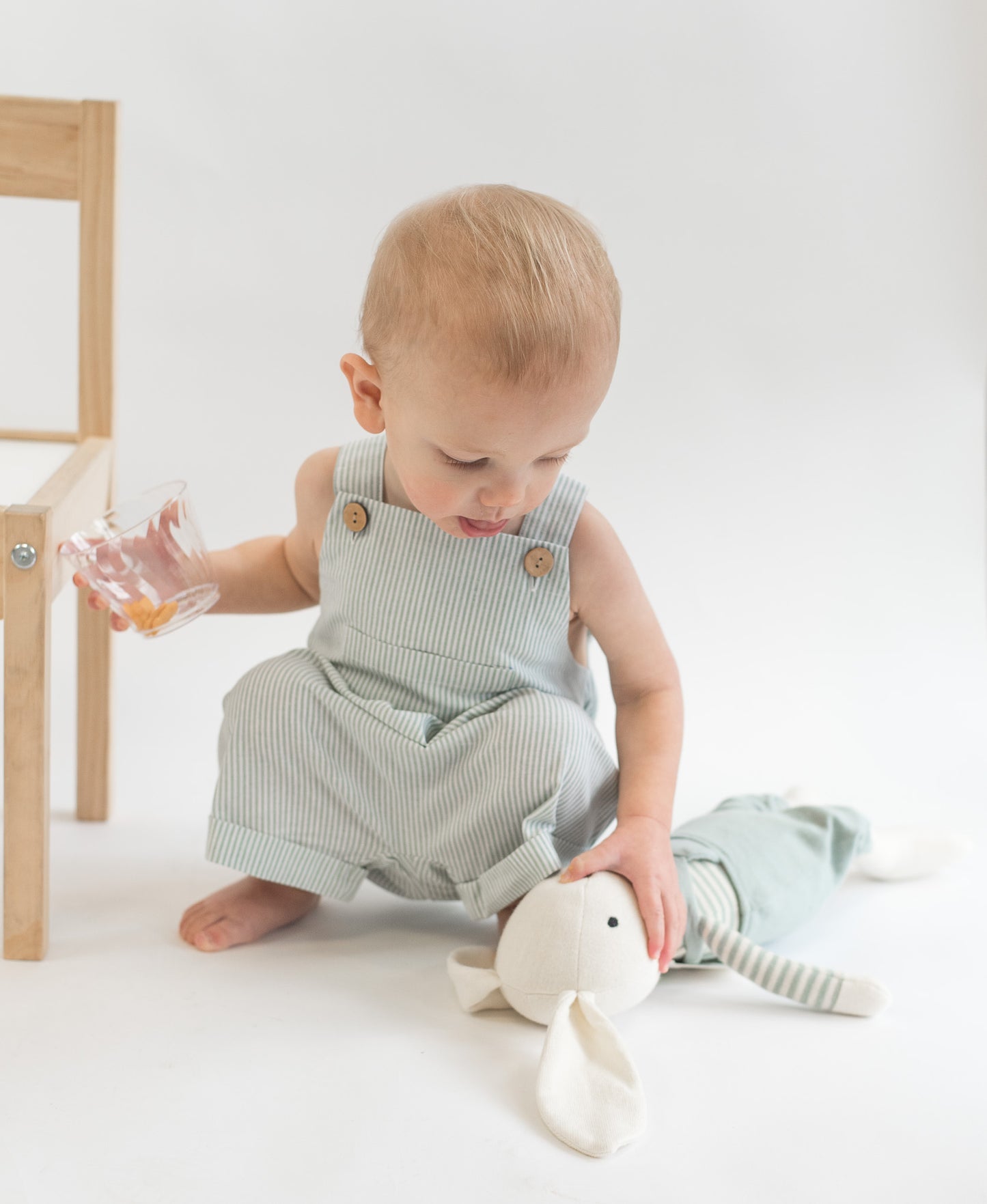 Green Stripe Short Linen Overalls