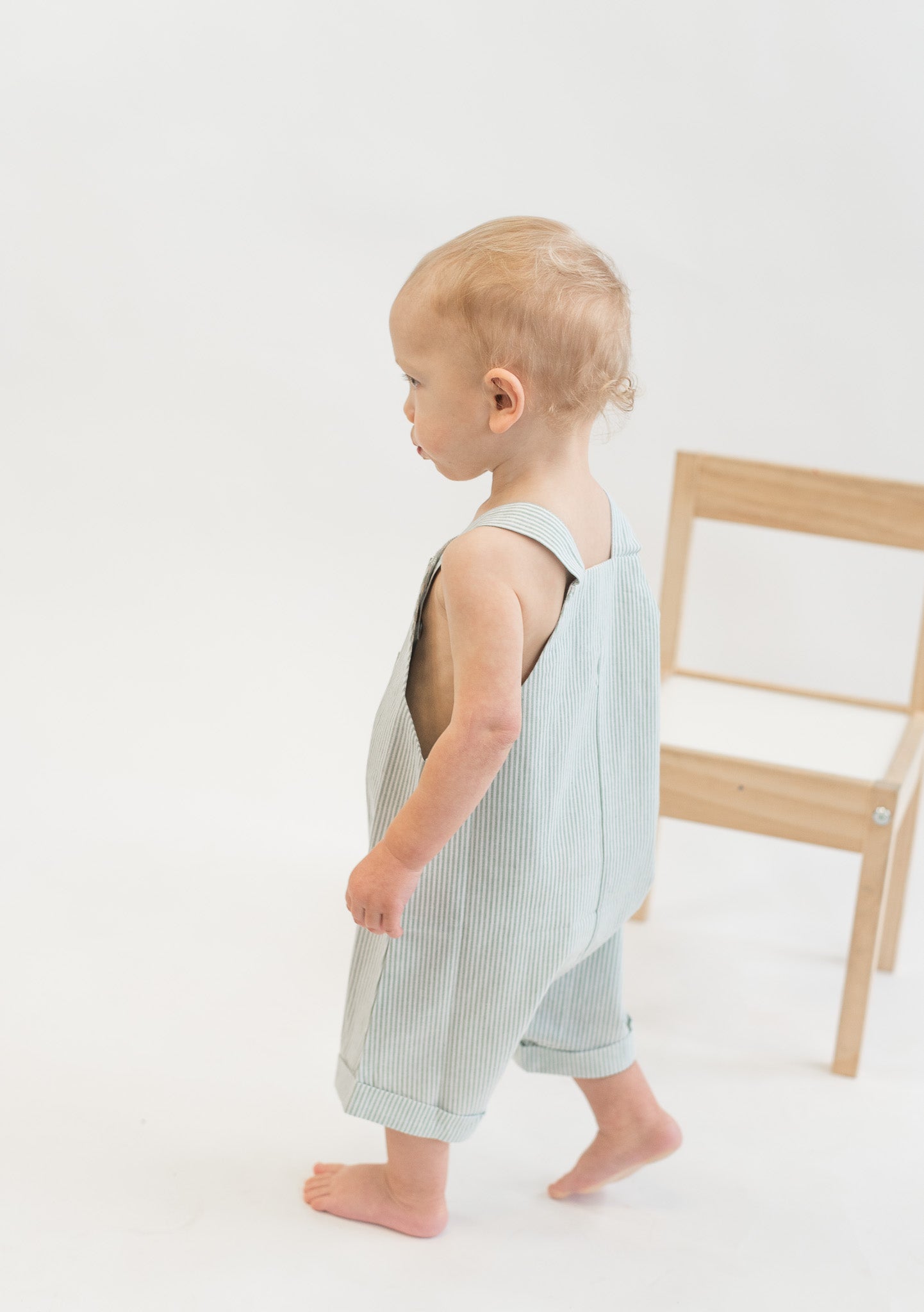 Green Stripe Short Linen Overalls