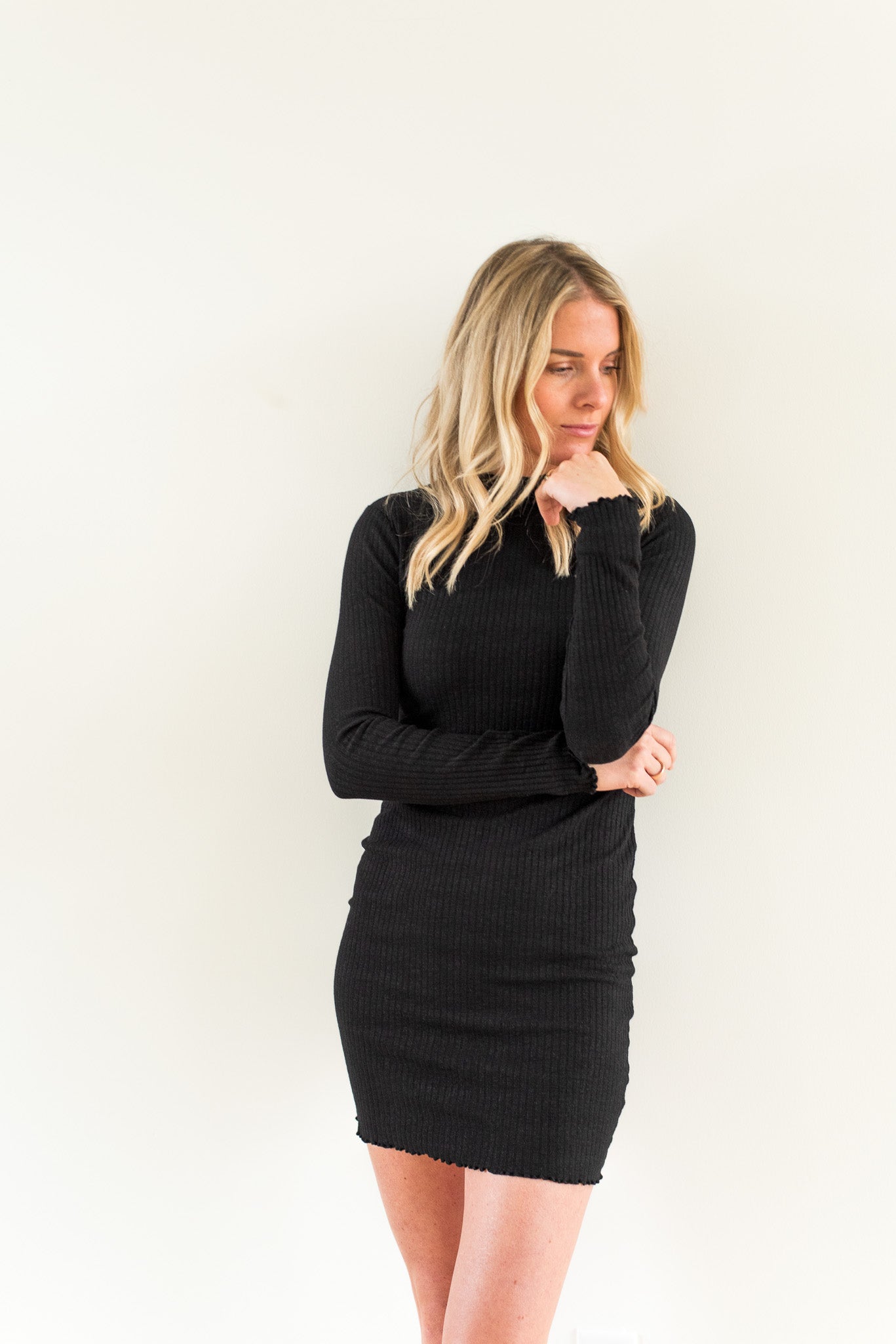 Go Off Mock Neck Rib Dress- Black - Lulie