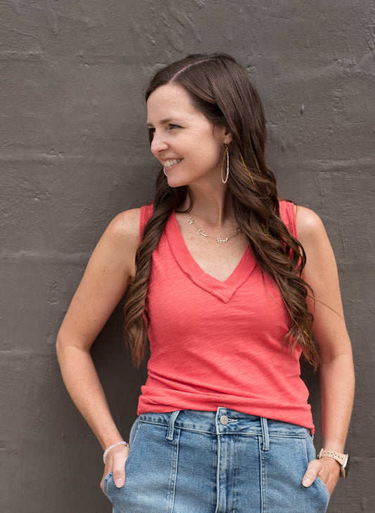 Let Me Know Slub V Neck Tank- Sunset Coral