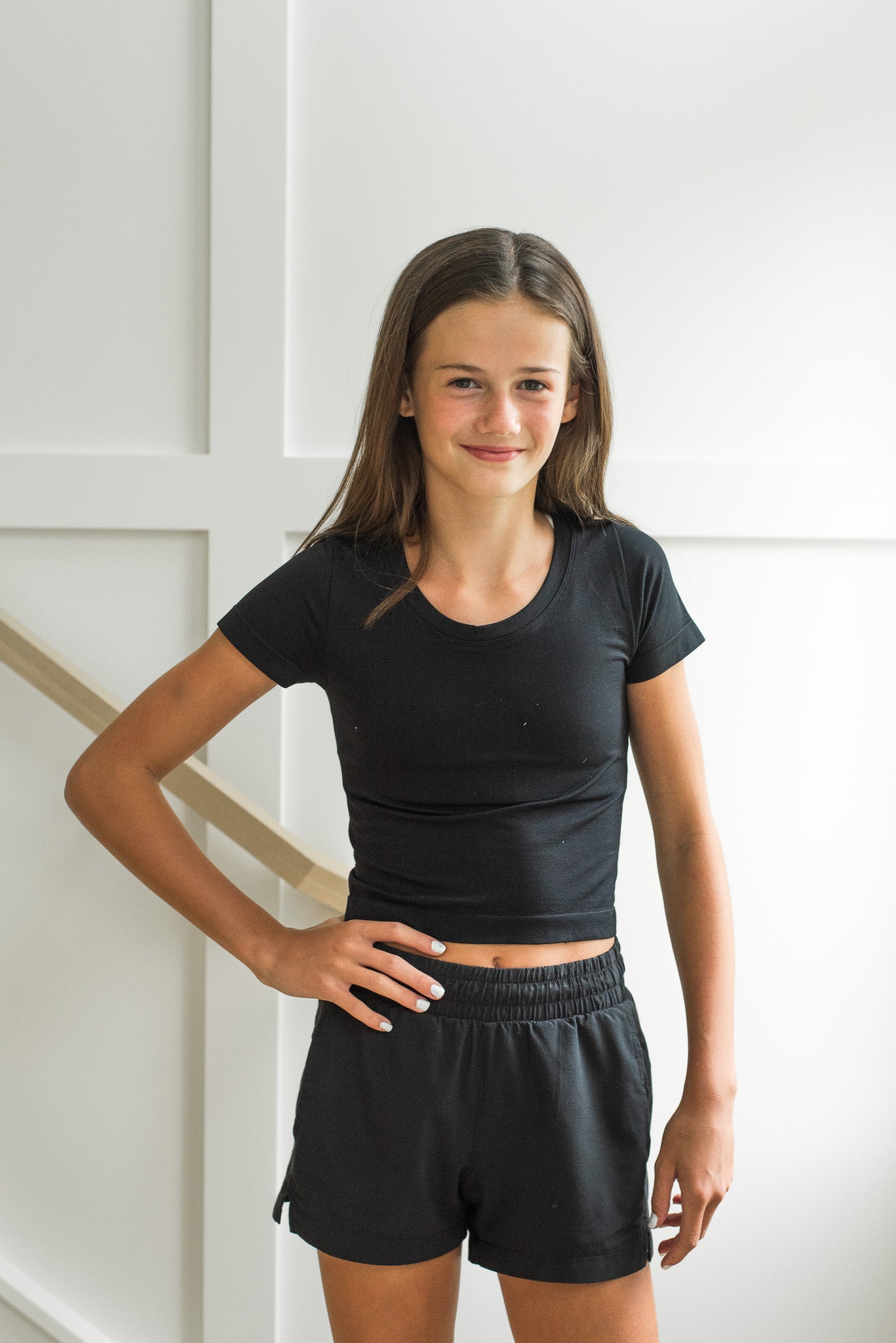 Girls Short Sleeve Seamless Top- Black