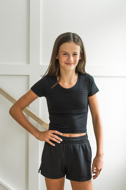 Girls Short Sleeve Seamless Top- Black