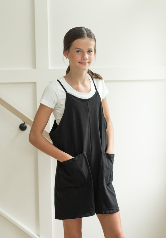 Two Pocket Cotton Overall Romper- Black