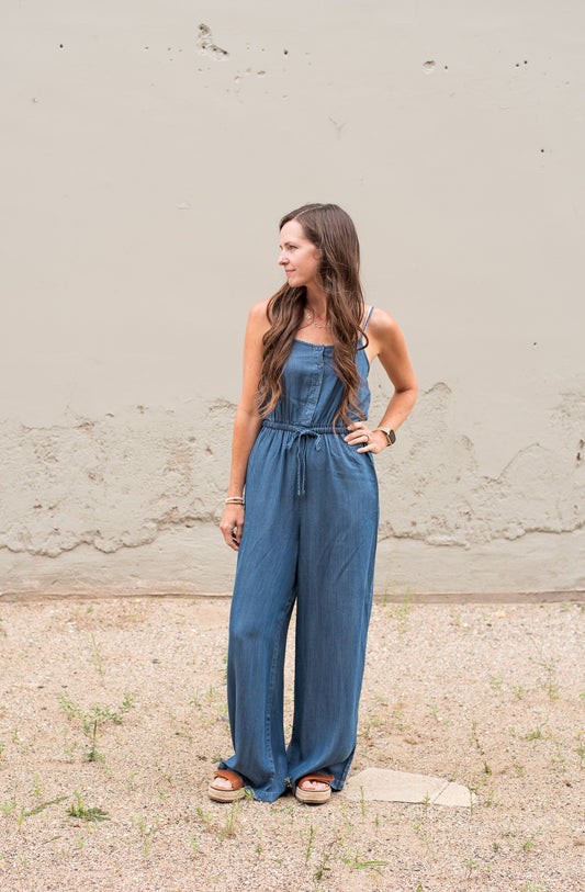 Tencel Sleeveless Button Front Wide Leg Jumpsuit
