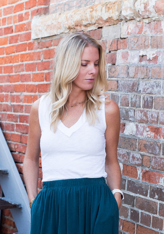 Let Me Know Slub V Neck Tank- White