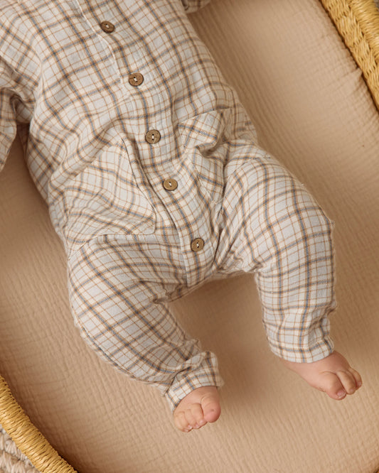 Pocketed Woven Jumpsuit- Blue Plaid