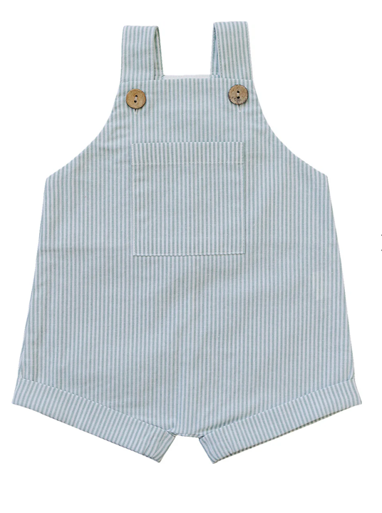Green Stripe Short Linen Overalls