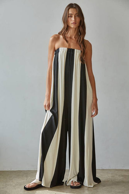 Striped Tube Wide Leg Jumpsuit- Black