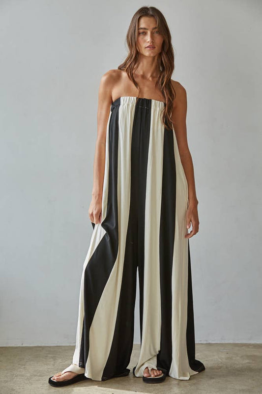 Striped Tube Wide Leg Jumpsuit- Black