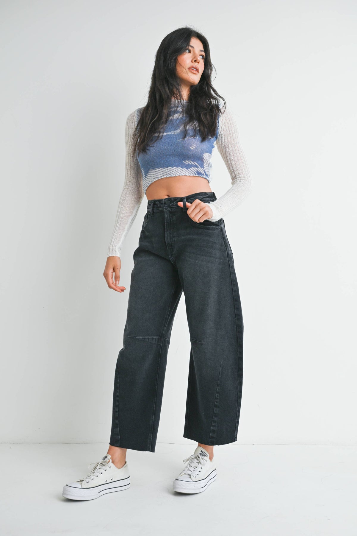Raw Hem Barrel Jean- Washed Black