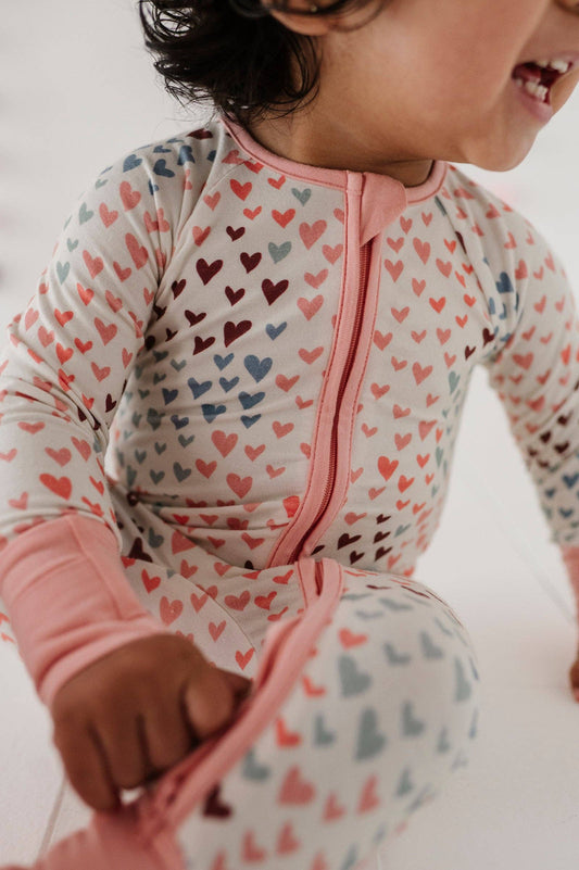 Long Sleeve Zip Romper- Rainbow Hearts