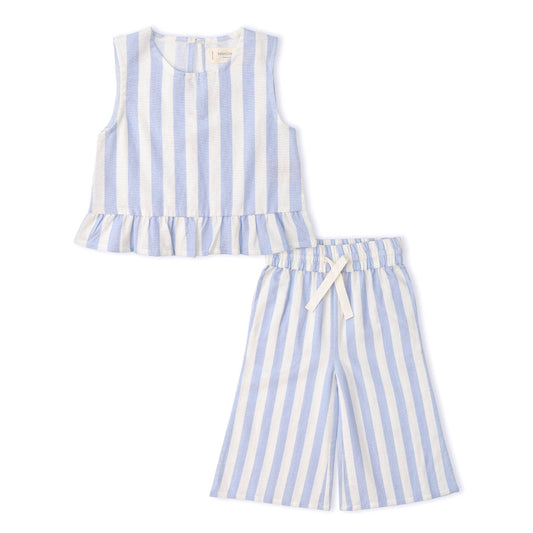 Organic Ruffle Top & Pants Set - Blue Stripes