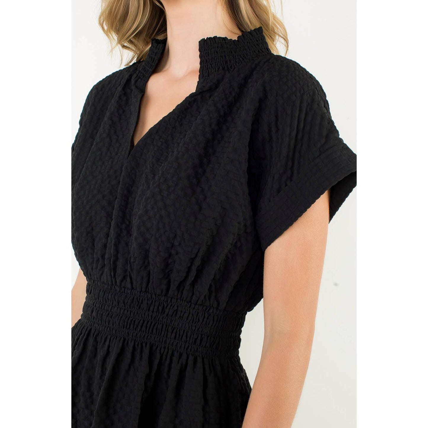 Textured Split Neck Smocked Waist Dress