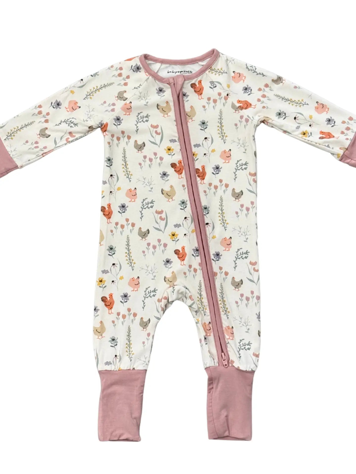 Long Sleeve Zip Romper- Floral Chicken