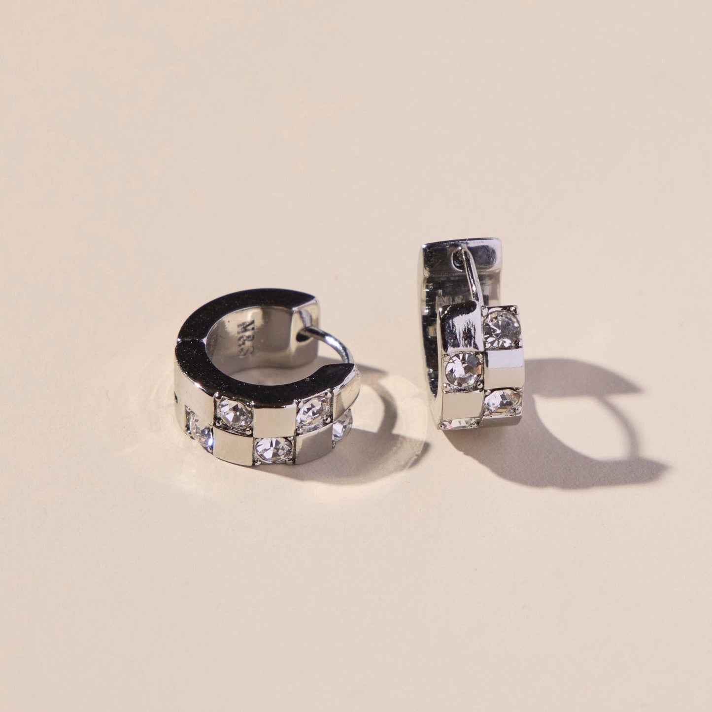 Silver Pavé Checkered Huggie Earrings
