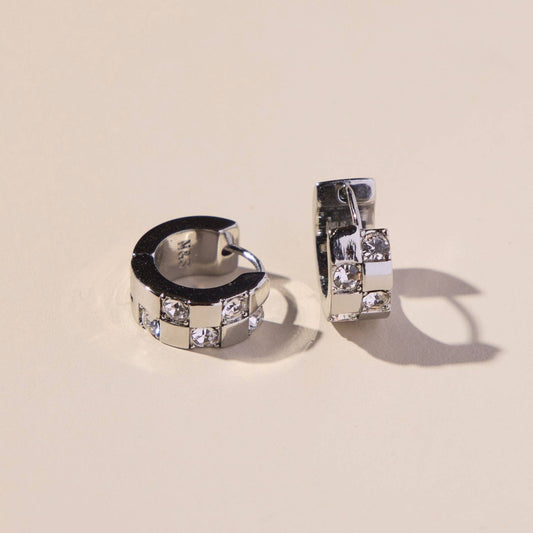 Silver Pavé Checkered Huggie Earrings