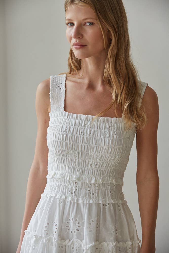 Eyelet Smocked Sleeveless Mini Dress