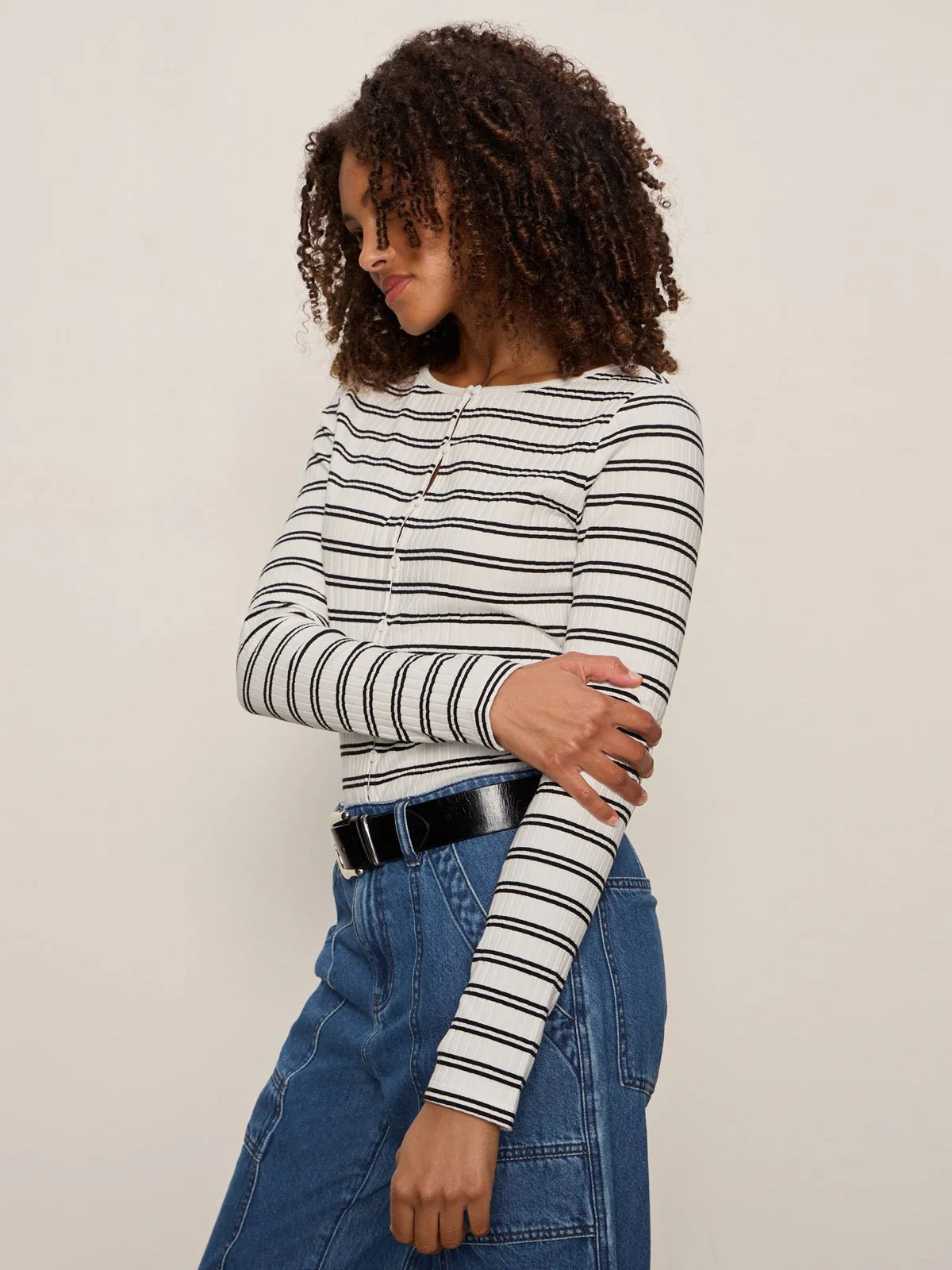 Button Front Ribbed Top Chalk/Black Stripe
