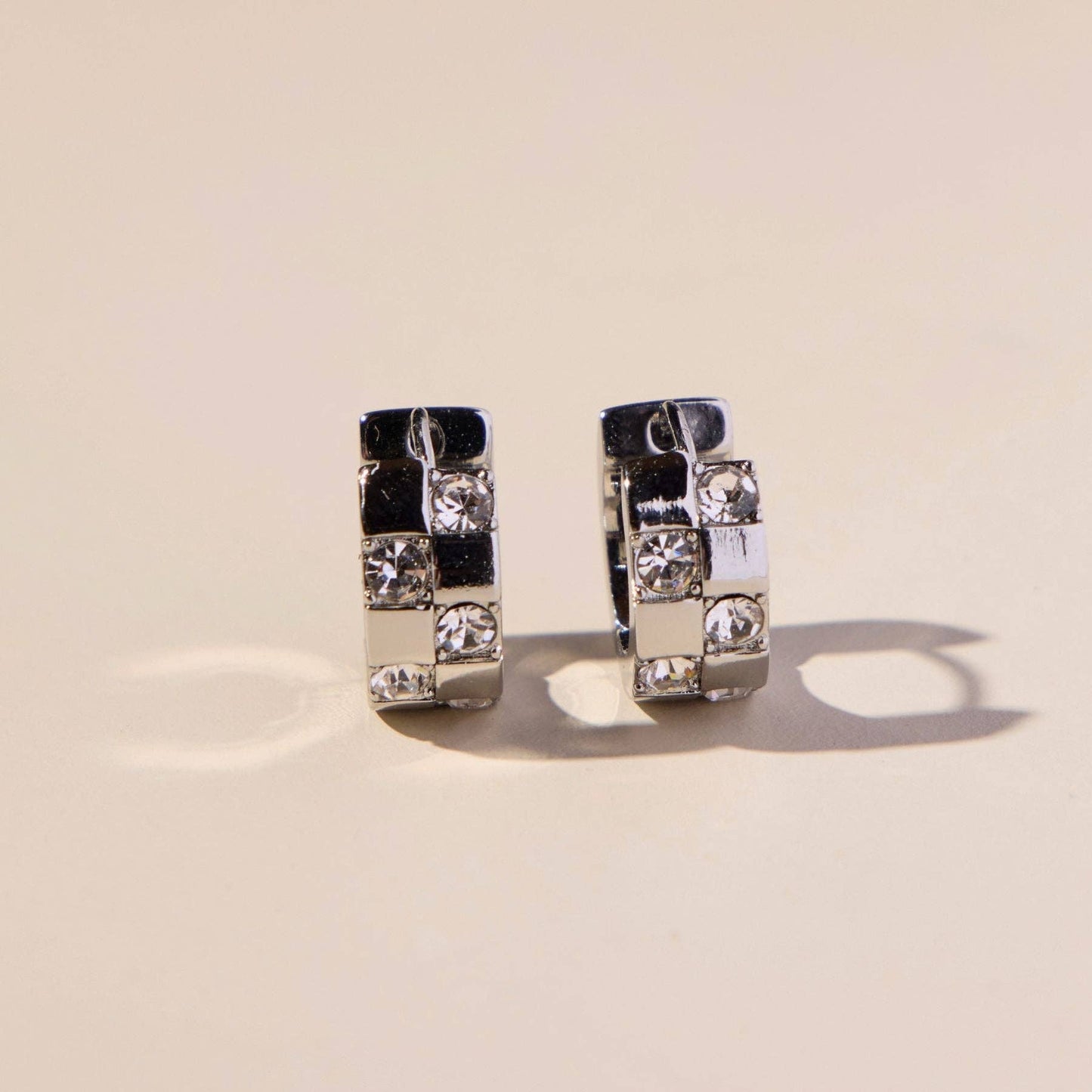 Silver Pavé Checkered Huggie Earrings