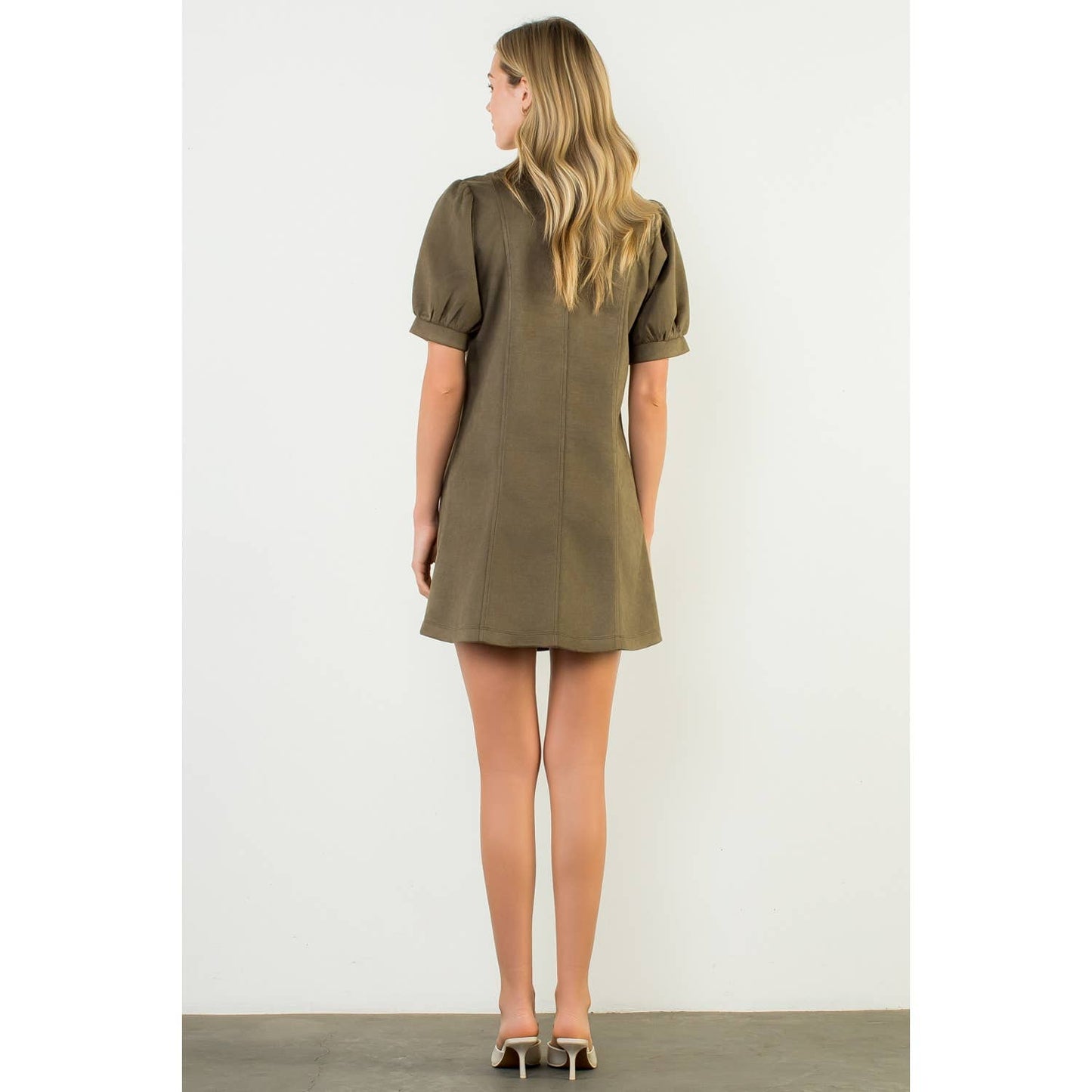 Puff Sleeve V-Neck Button Up Suede Dress