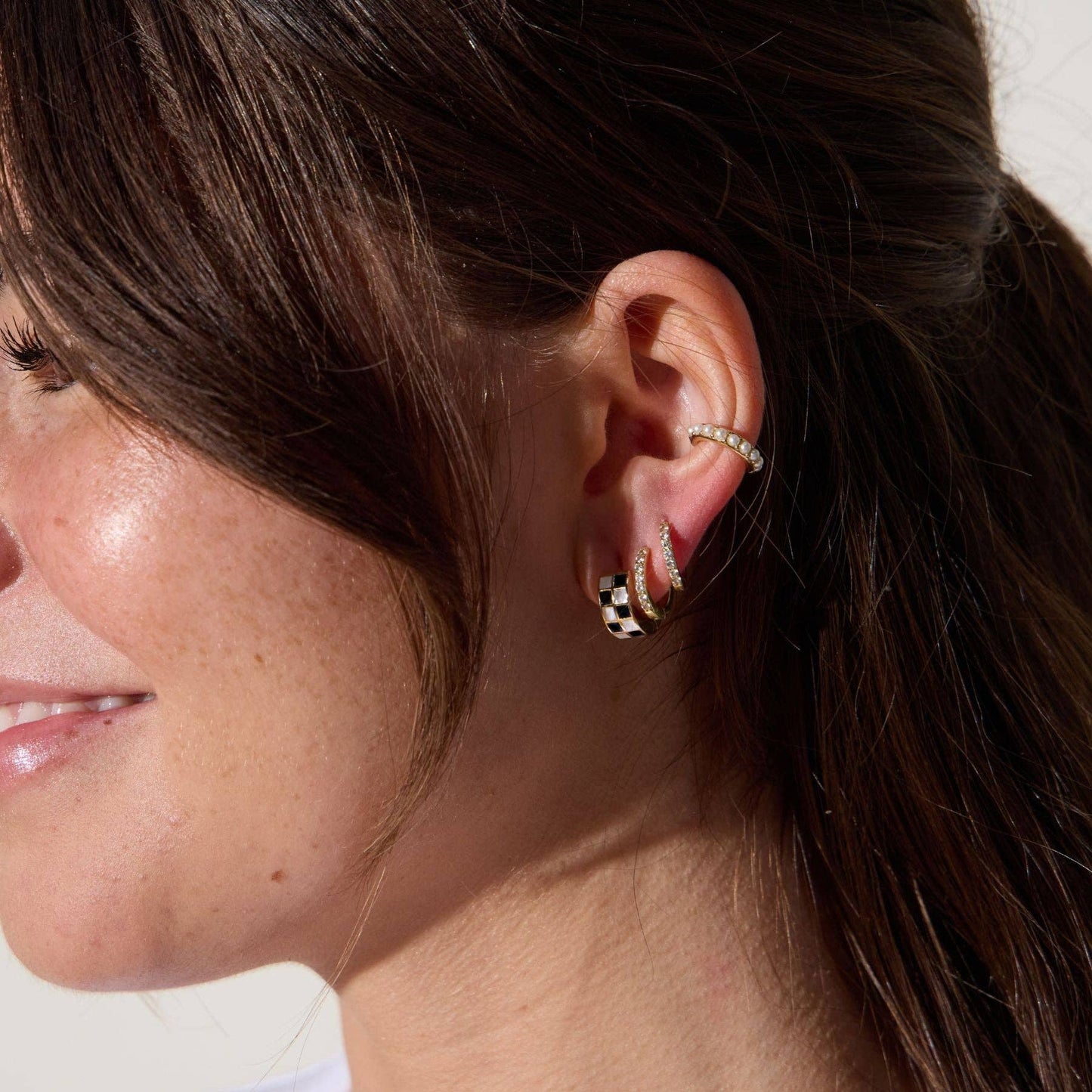 Black & White Checkered Enamel Huggie Earrings