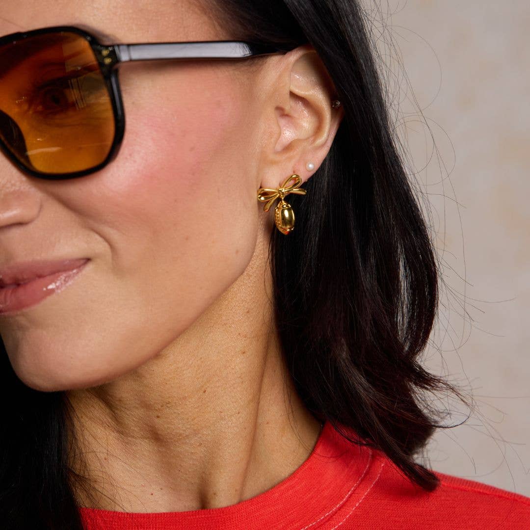 Gold Waterproof Football & Bow Drop Stud Earrings