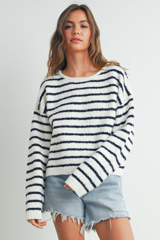 Striped Knit Sweater- Navy