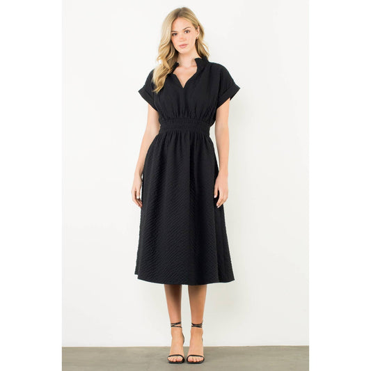 Textured Split Neck Smocked Waist Dress