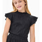 Glitter Jacquard Crinkled Ruffle Top with Button